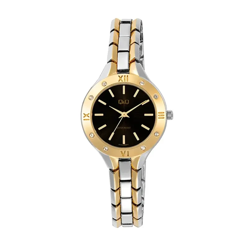 Q&Q Two-tone Black Dial Ladies Watch- F17A-006PY